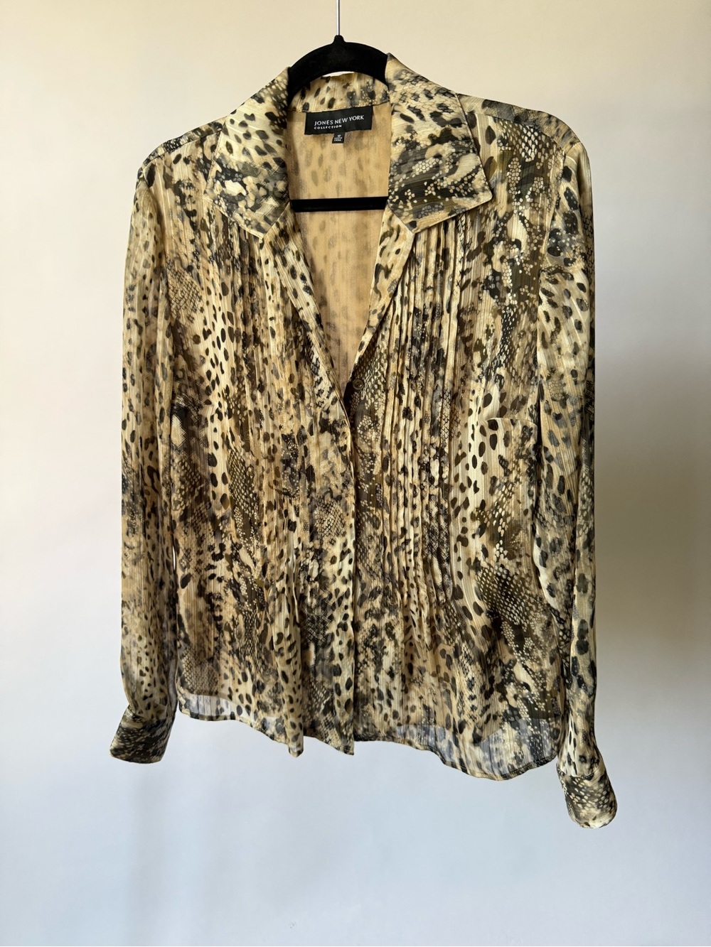 Jones New York Animal Print Pleated Beige and Black Blouse